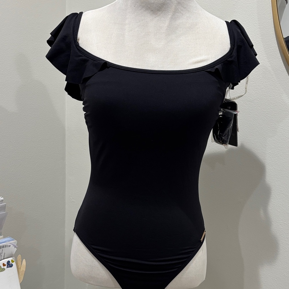 Elegant Black Ruffle Sleeve Women's one piece swimsuit